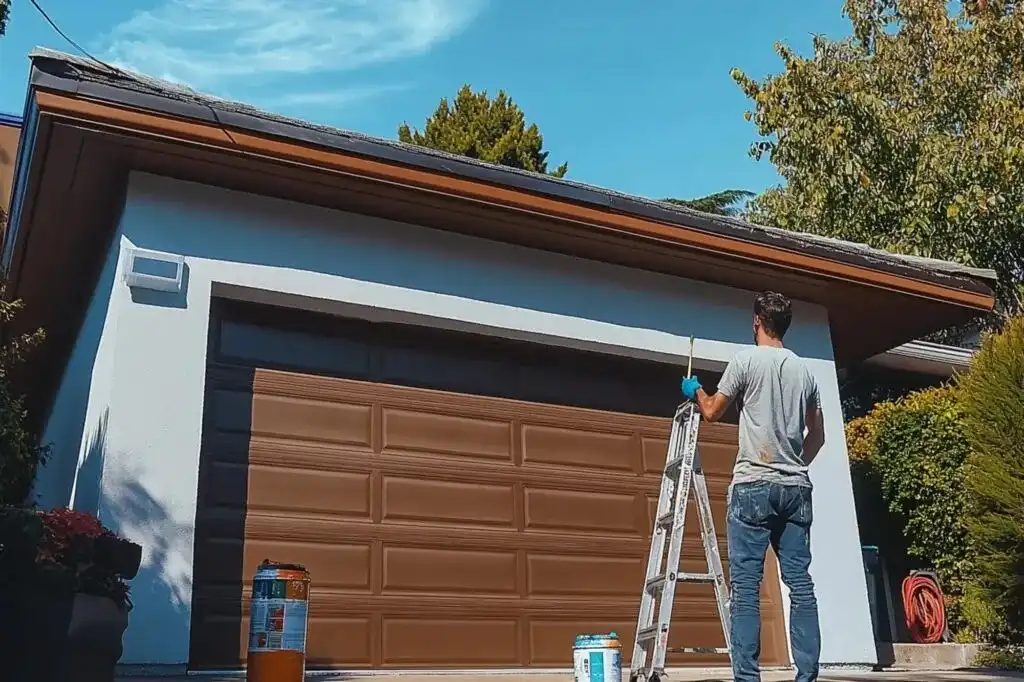 Technician performing garage door maintenance inspection